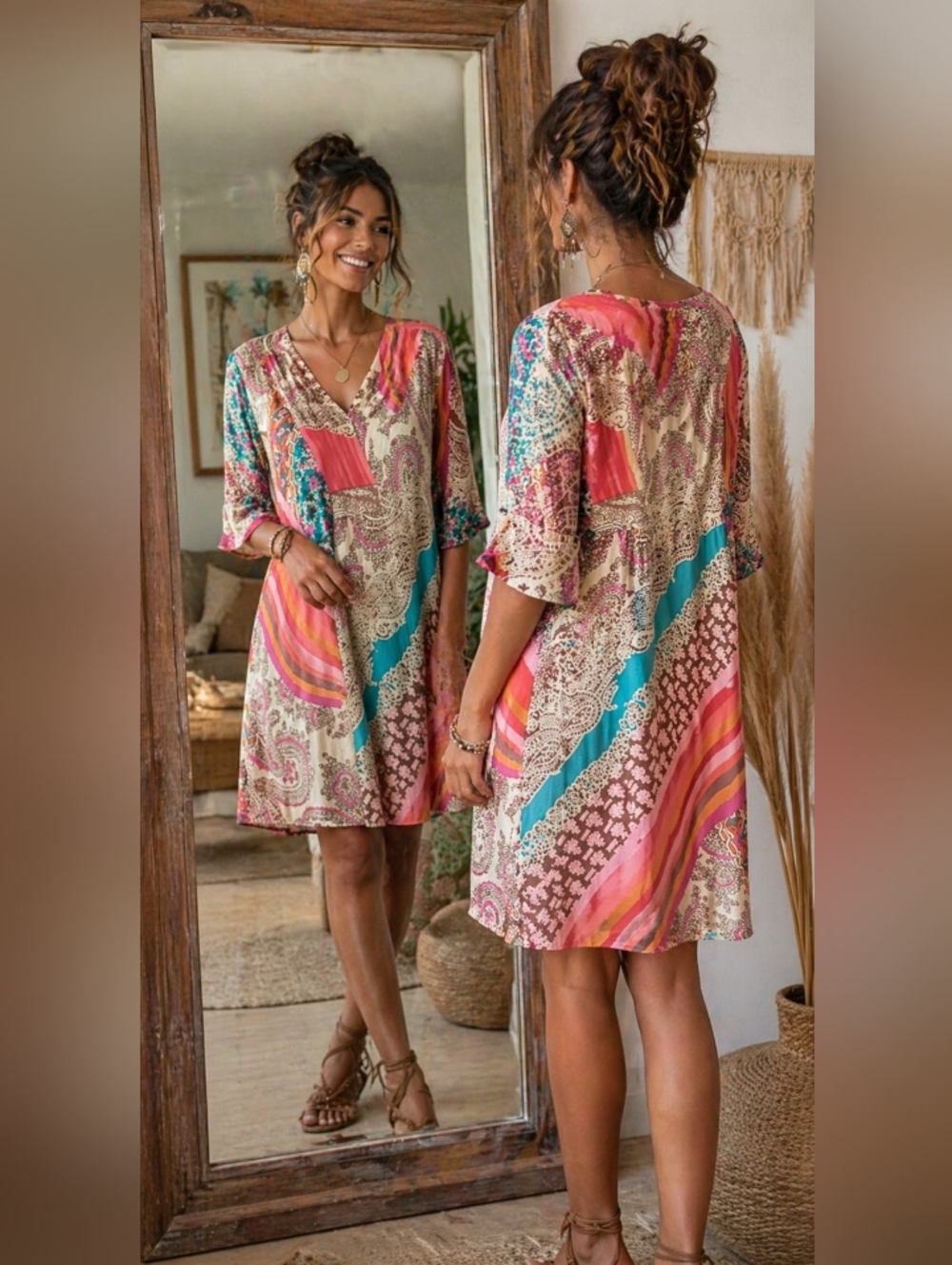 Vintage Y2K Silk Patchwork Cottage Dopamine Paisley Artisy Floral Rainbow Dress - Picture 5 of 8